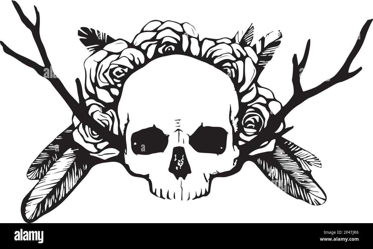 Illustration vectorielle dessinée à la main. Œuvres d'art avec crâne, fleurs, ailes. Alchimie, religion, spiritualité, occultisme, tatouage art. modèle de carte postale Illustration de Vecteur