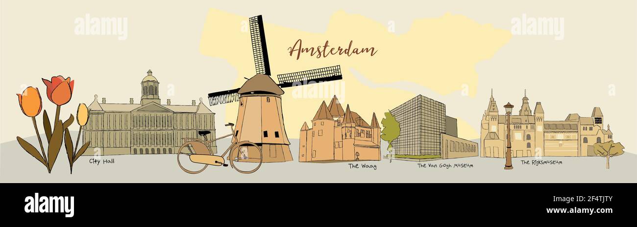 Attractions touristiques d'Amsterdam Illustration Banque D'Images