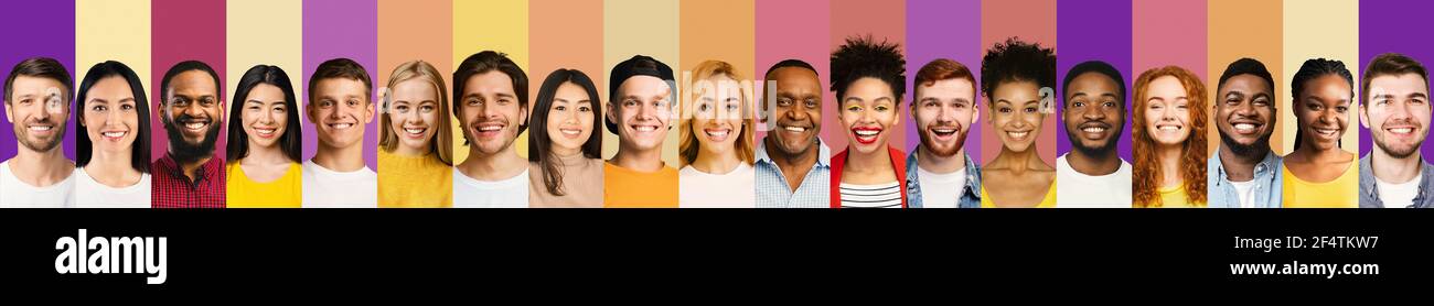 Collection de portraits de personnes réussies, rangée de visages, arrière-plans colorés Banque D'Images
