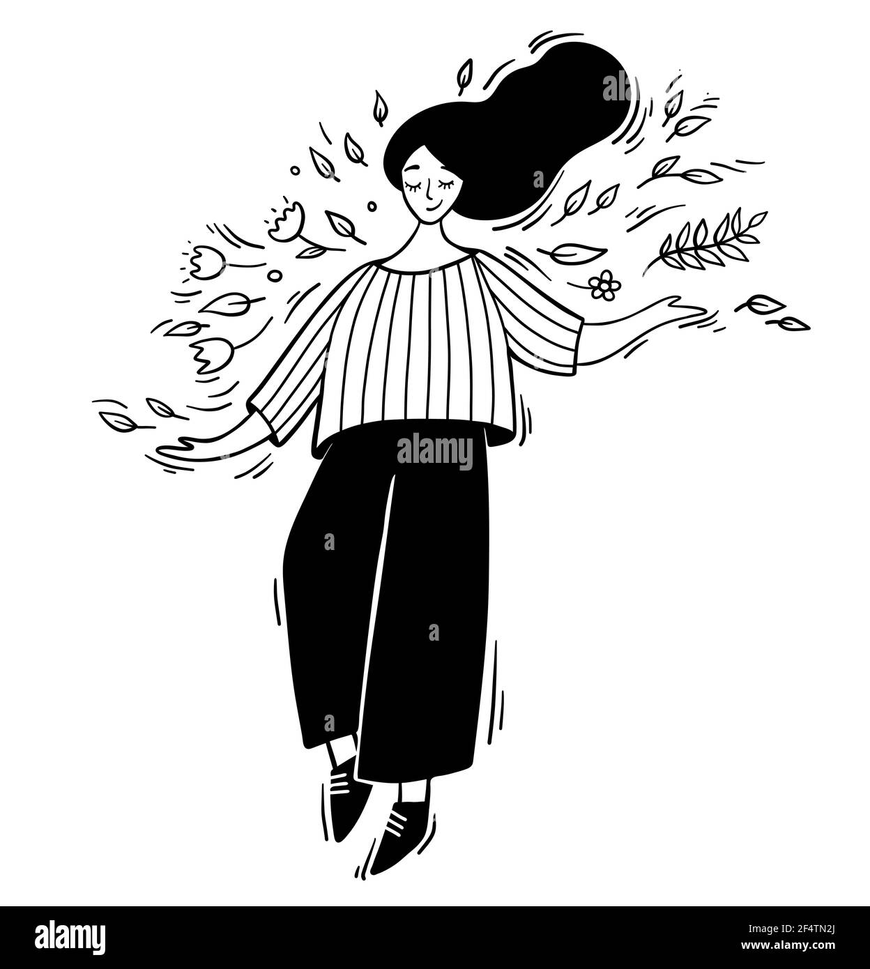 Femme qui flirtent et danse avec des feuilles et des fleurs. Illustration de vecteur de ligne dessinée à la main. Concept de printemps inspiration. Illustration de Vecteur