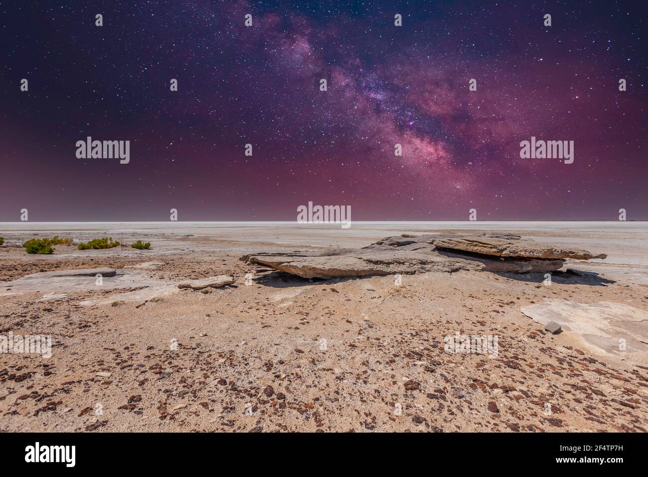 Paysage nocturne clair et sans nuages de Kati Thanda - Lac Eyre Dans les déserts de l'Australie centrale avec ciel de fond avec étoiles lumineuses de la galaxie Banque D'Images