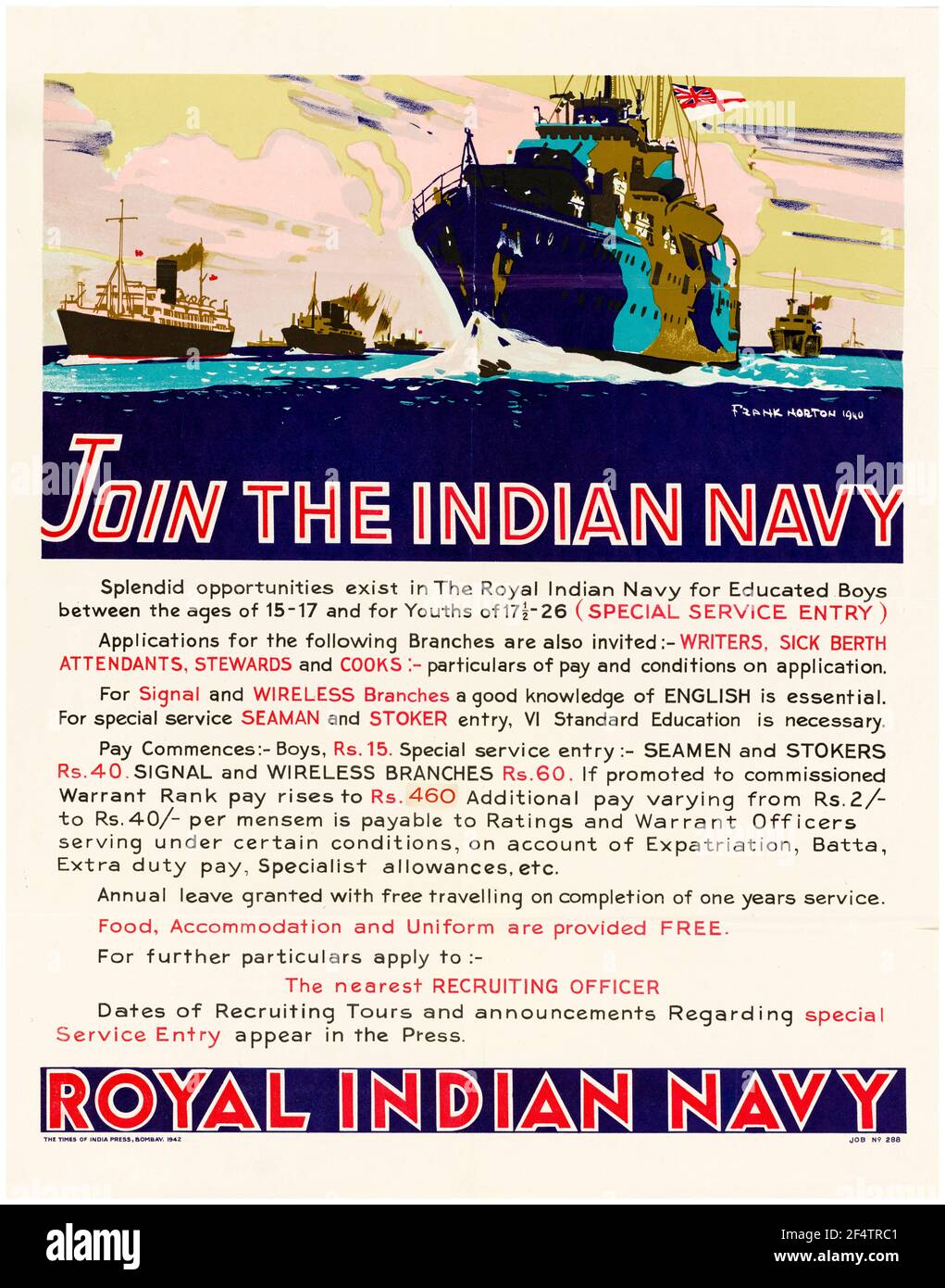 Indian, affiche de recrutement des Forces de la Seconde Guerre mondiale, Joignez-vous à The, Marine royale indienne, affiche, 1942-1945 Banque D'Images