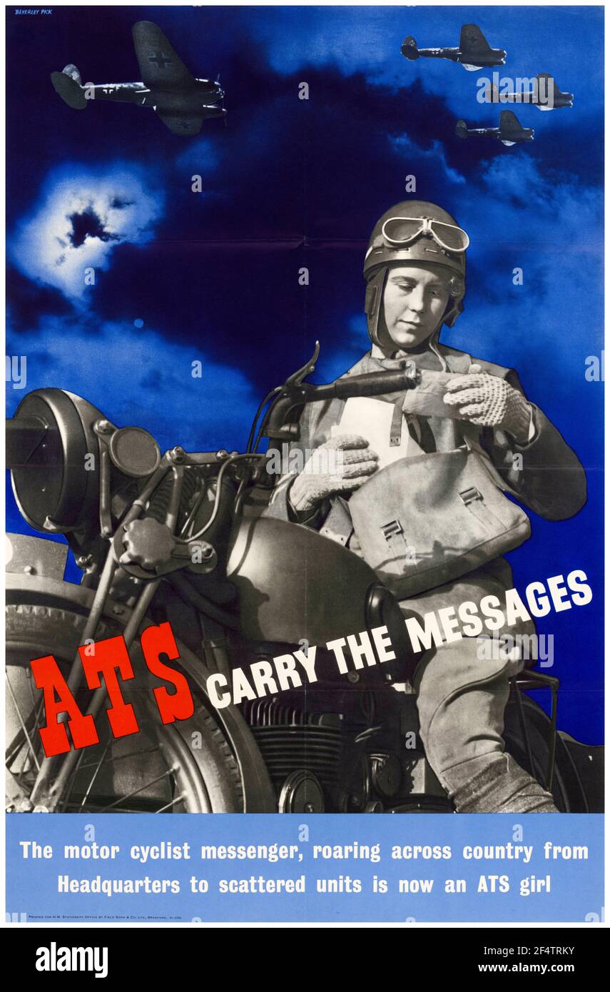 British, WW2 Female Forces Recruitment poster: ATS porter les messages (Woman as a Motorcycle Dispatch Rider), 1942-1945 Banque D'Images
