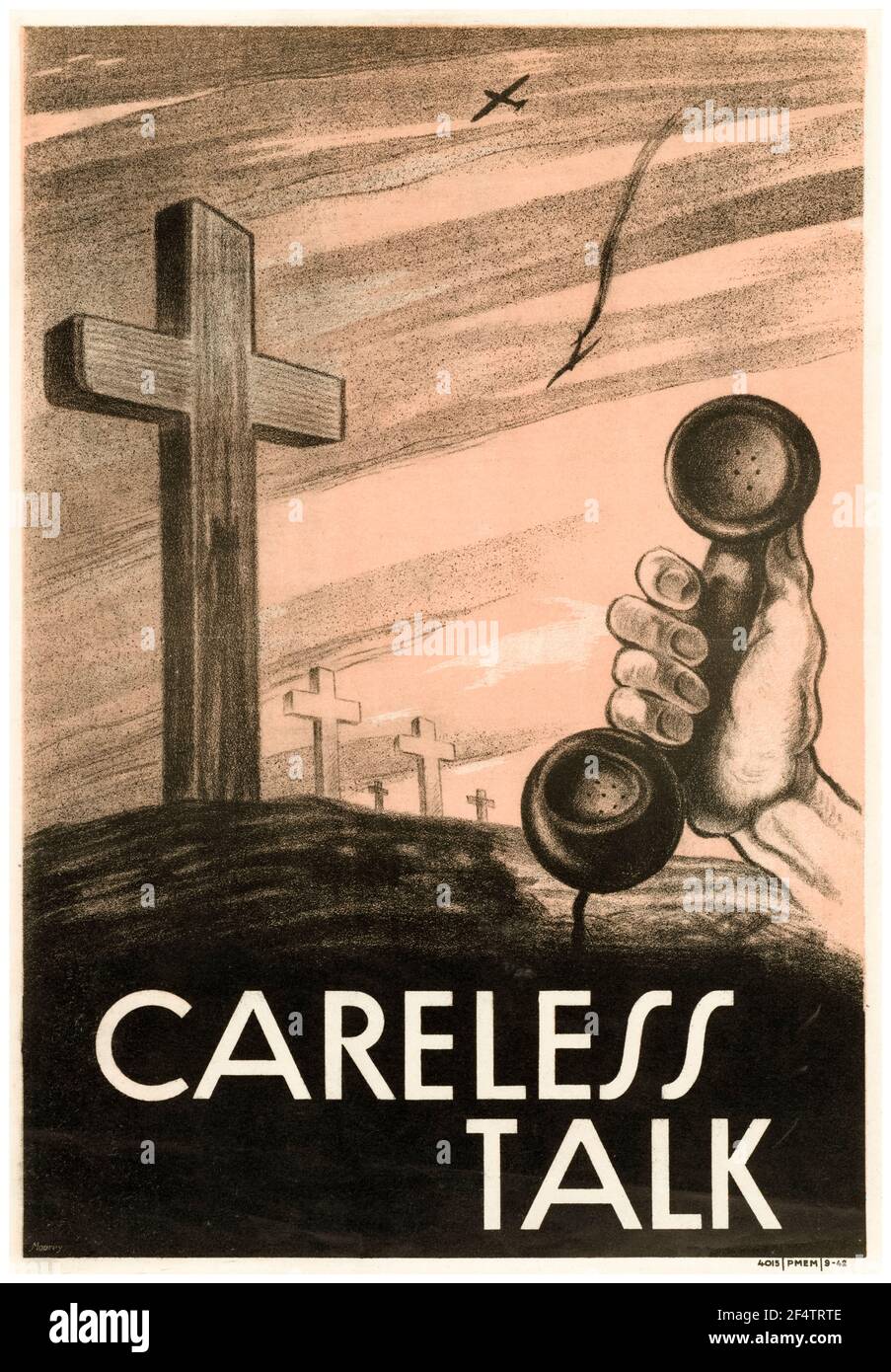 British, WW2 Cariness Talk, public information Poster, (téléphone et graves), 1942-1945 Banque D'Images