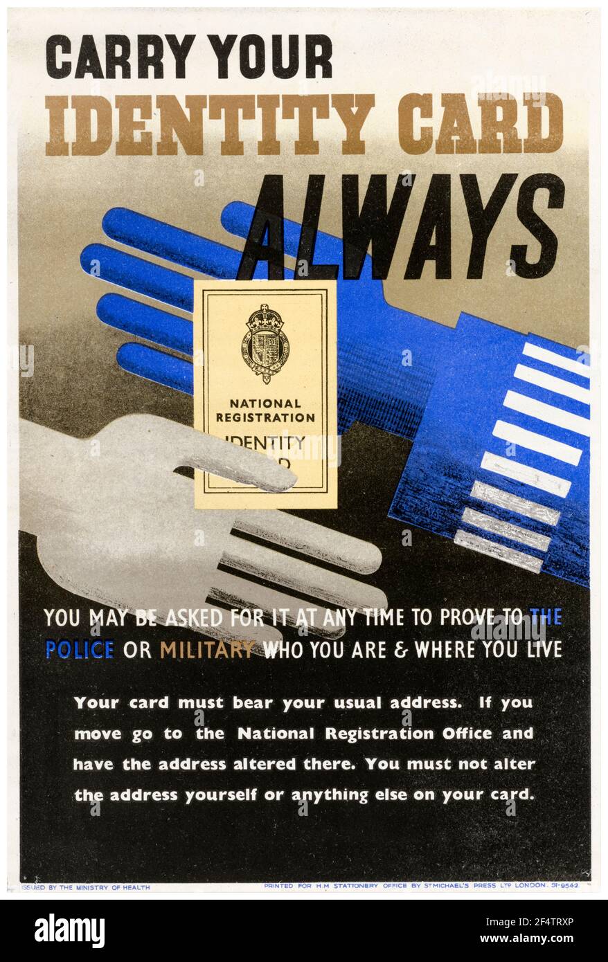 British, WW2, carte d'identité nationale, affiche d'information publique, affiche, 1942-1945 Banque D'Images