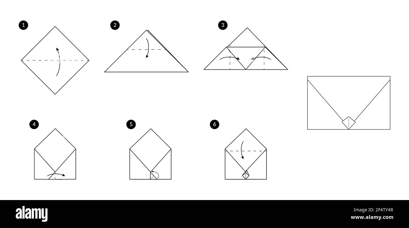 Instructions pour faire une enveloppe à l'origami. Illustration monochrome ligne noire étape par étape. Illustration de Vecteur