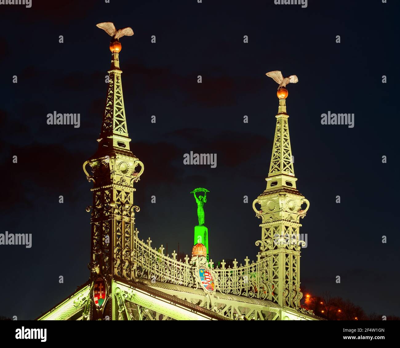 Vue unique sur le célèbre pont historique de la liberté et la statue de Budapest Hongrie. Décoration avec lumières vertes en raison de la fête du souvenir de St Patrick. Banque D'Images