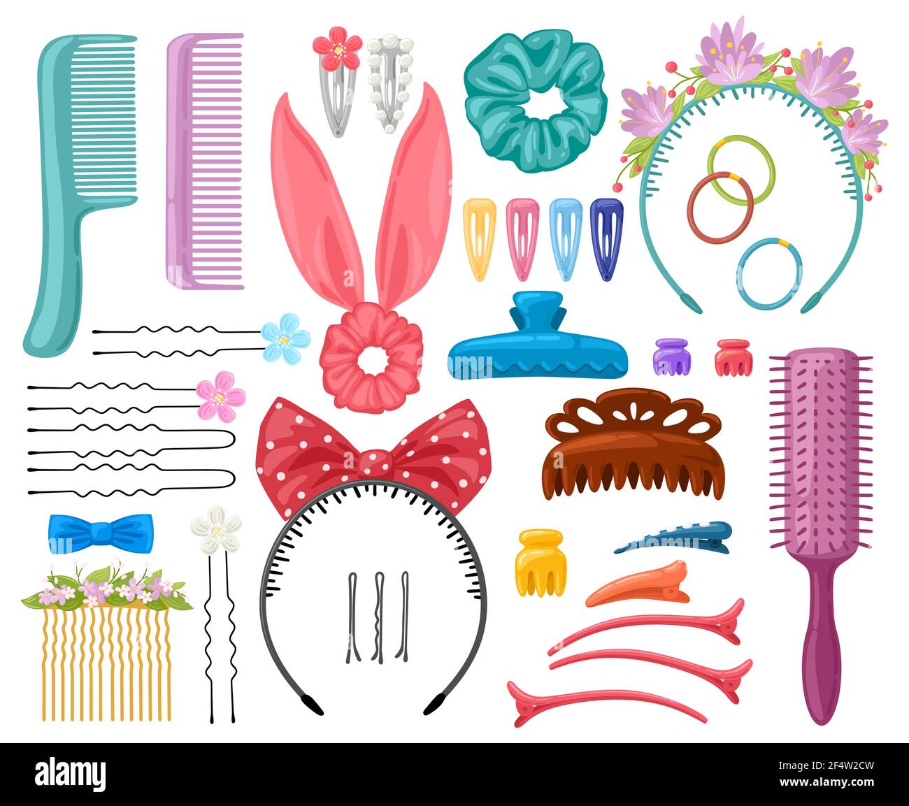 Accessoires pour cheveux. Articles pour cheveux de femme, pinces à cheveux, épingles à cheveux, serre-cheveux et cheveux, outils pour cheveux de femme. Ensemble d'illustrations vectorielles pour accessoires de mode pour cheveux Illustration de Vecteur