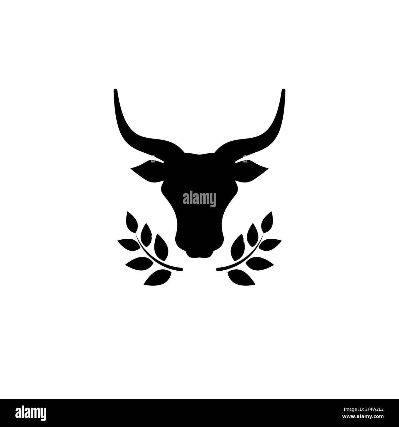 Tête de taureau avec couronne laures. Non. Panneau de la ligne de vache. Animal de ferme. Symbole bœuf ou lait. Marque. Illustration vectorielle isolée sur blanc Illustration de Vecteur