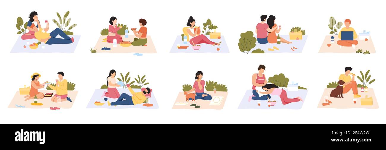 Les gens au pique-nique. Repas à l'extérieur, les hommes et les femmes mangeant de délicieux aliments sur la nature. Jeu d'illustrations vectorielles pour pique-nique d'été Illustration de Vecteur