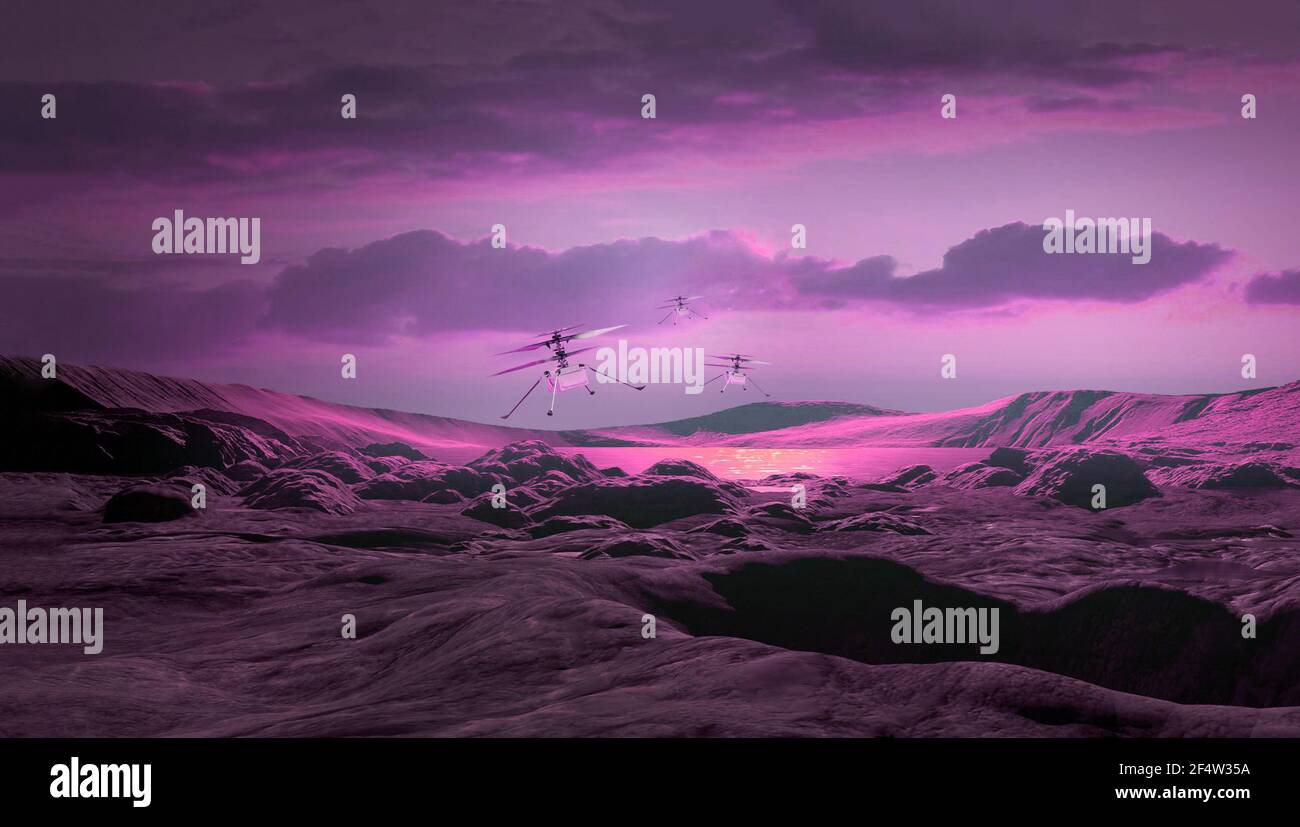 Ingenuity mars drone, hélicoptères martiens sur planète violette. Éléments de cette image fournis par la NASA 3D illustration Banque D'Images