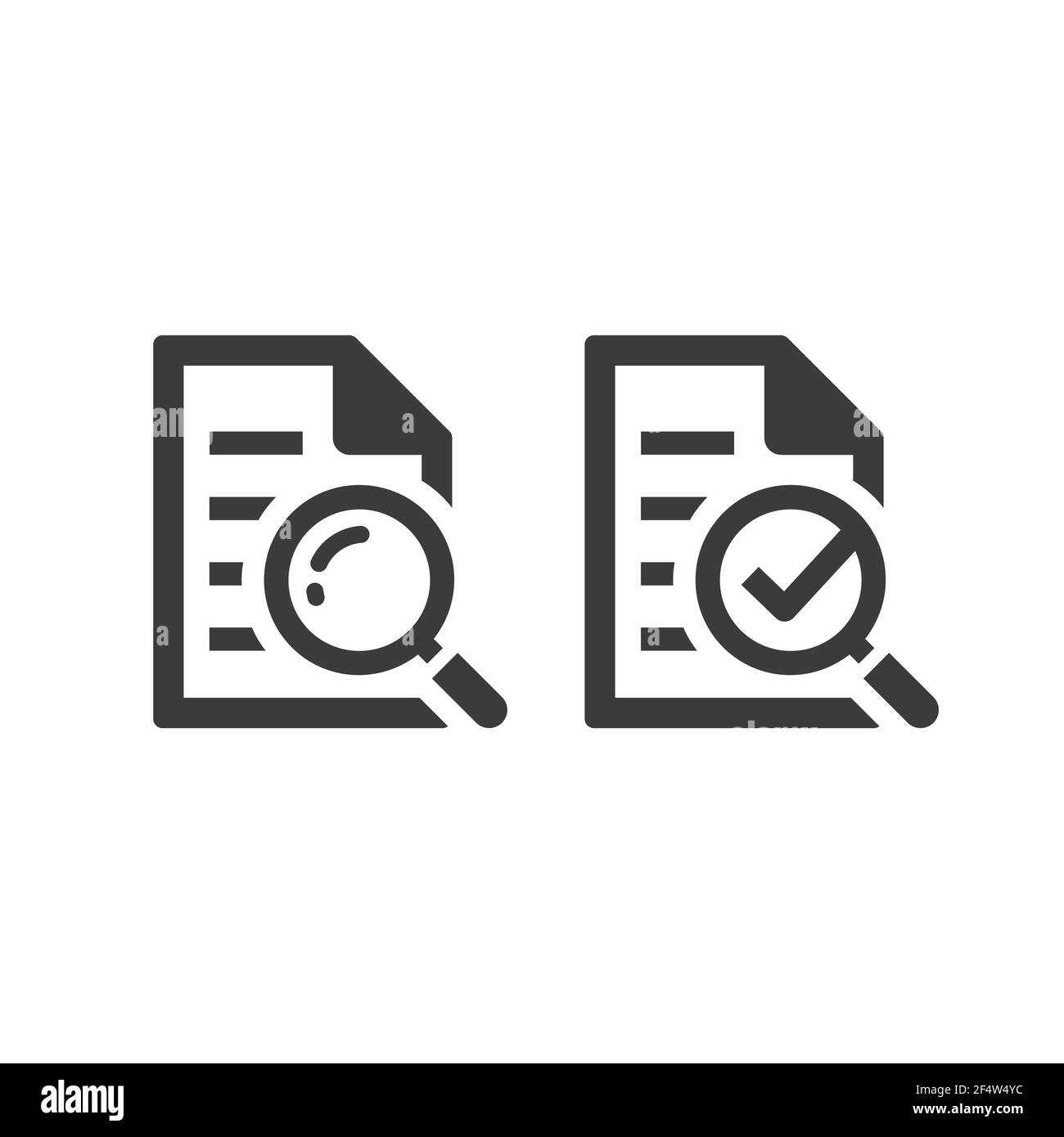 Document avec loupe et icône de coche. Symbole de recherche de manuel, d'instructions et d'informations avec loupe et coche. Illustration de Vecteur
