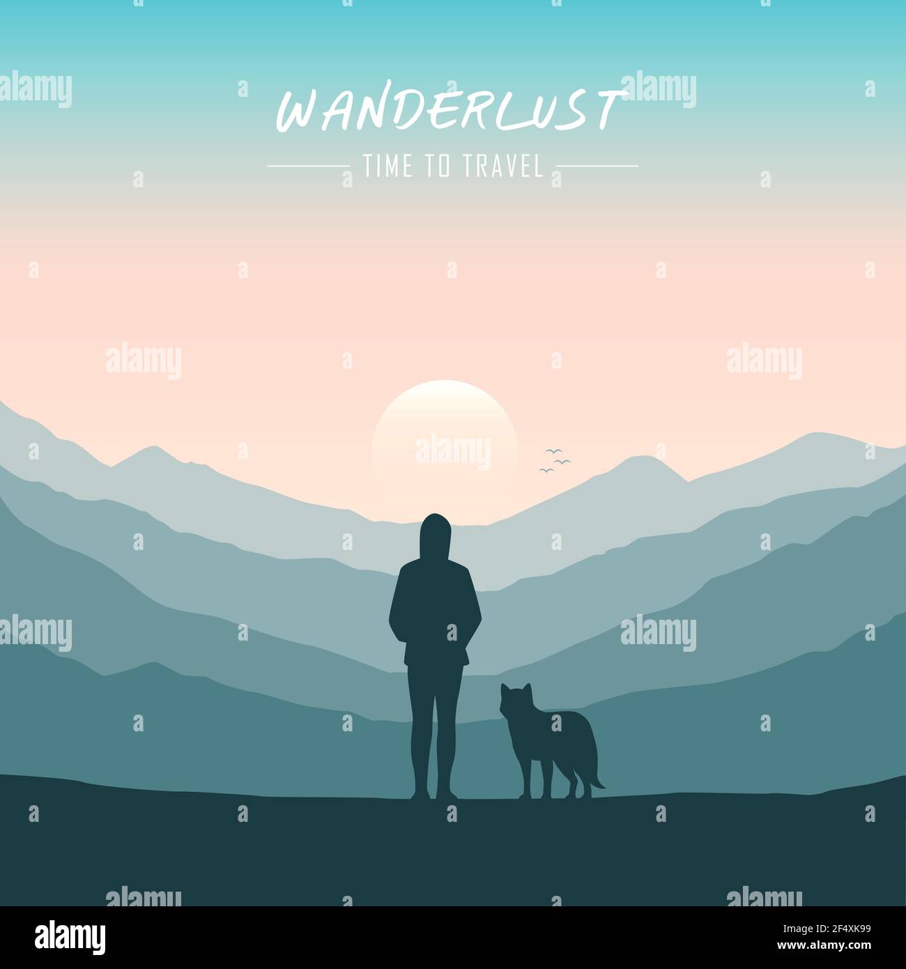 une jeune fille et un chien qui s'intéressent à la nature montagneuse paysage Illustration de Vecteur