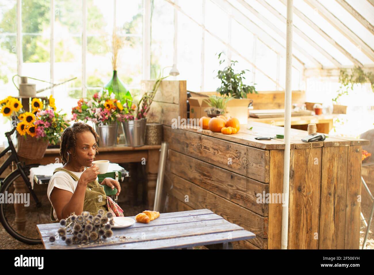 Femme fleuriste prenant une pause-café dans la serre de fleuriste Banque D'Images