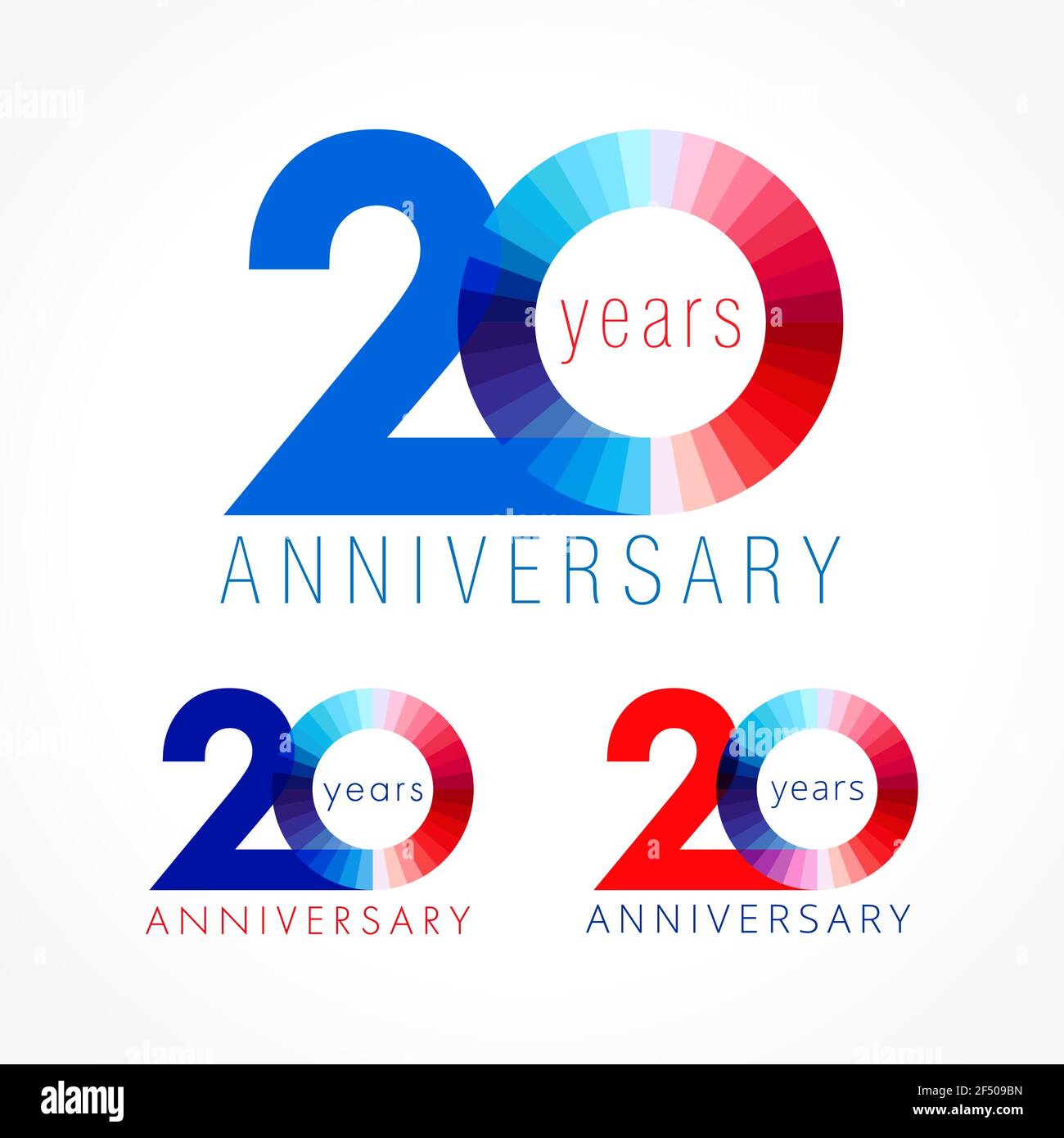 20 ans célébrant le concept du logo. Illustration des numéros d'anniversaire 20 e. Ensemble de logotypes brillants et félicitations. Chiffre du disque coloré. 20 % percen Illustration de Vecteur