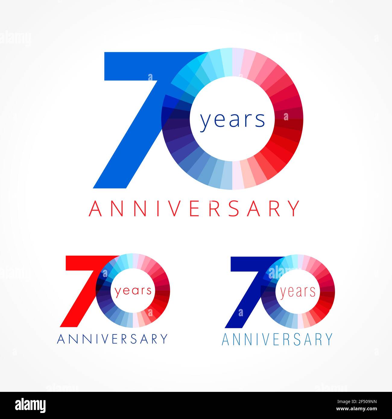 70 ans célébrant le concept du logo. Illustration des numéros d'anniversaire 70 e. Ensemble de logotypes brillants et félicitations. Chiffre du disque coloré. 70 % percen Illustration de Vecteur