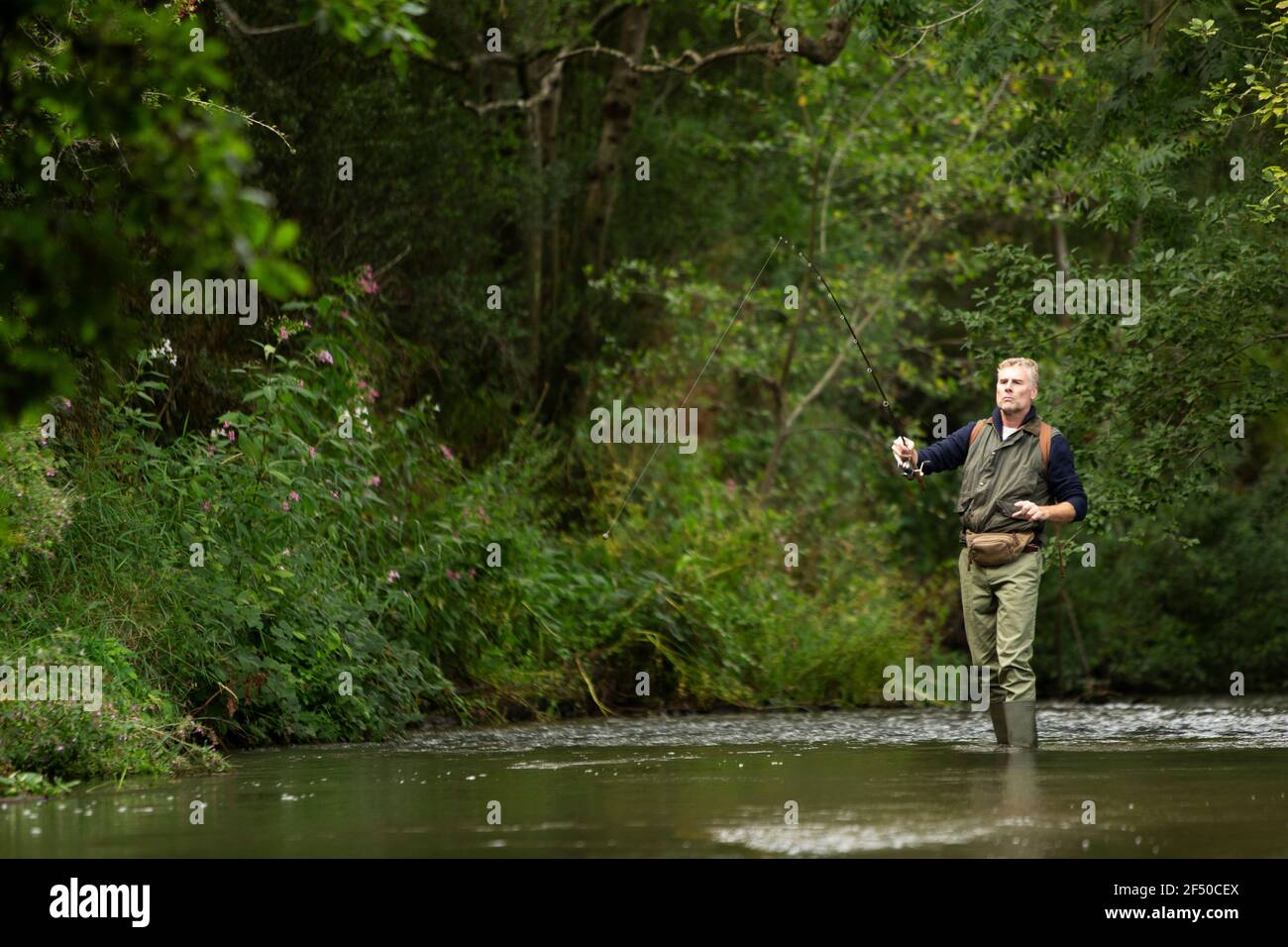 Homme casting mouche pêche canne dans la rivière Banque D'Images