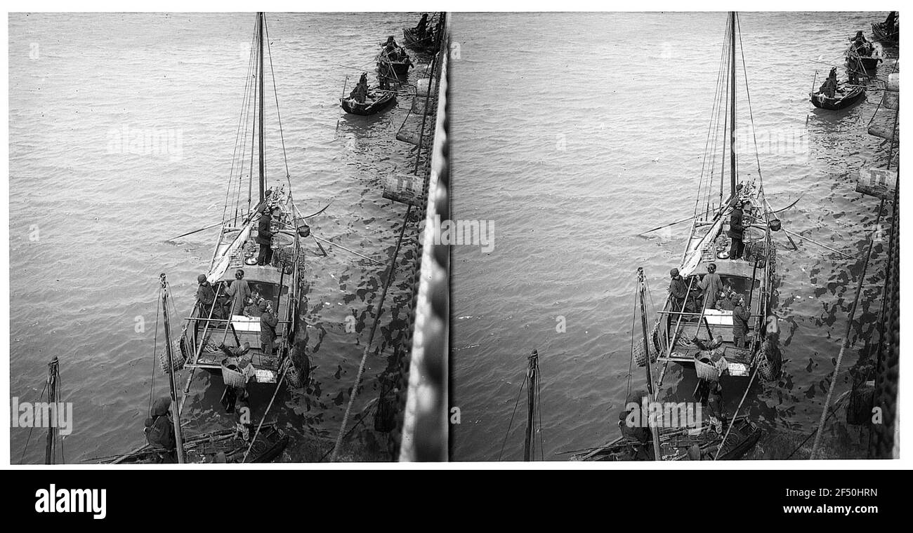 Hong Kong. Les habitants de Sampanboats au mur d'un bateau à vapeur haute mer ('Cleveland'?) Banque D'Images