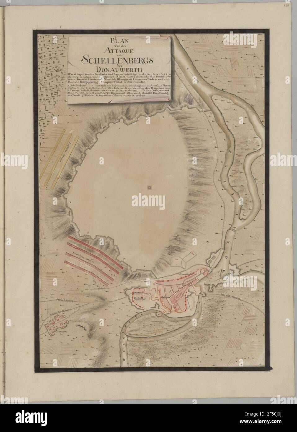 Plan de l'Atta du Schellenberg Bey Donauwerth comme le même des frantzoses et de la Bavière Fortificiret et le 2 juillet 1701 de la Keyserial et de l'armée anglaise sous le commandement de la Keyserial ... Monsieur le général Lieutenant durch. Marggraff Louis de Baden et le Duc de Marlboroug, Attachiret et a été conquis Banque D'Images