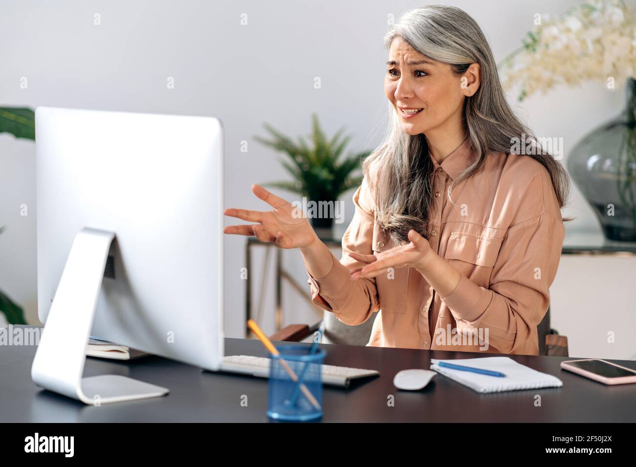 Une femme d'affaires asiatique aux cheveux gris choqués, qui communique par vidéo, organise des réunions d'information en ligne avec des partenaires ou des employés, travaille à distance, fait des gestes avec les mains, utilise l'ordinateur Banque D'Images