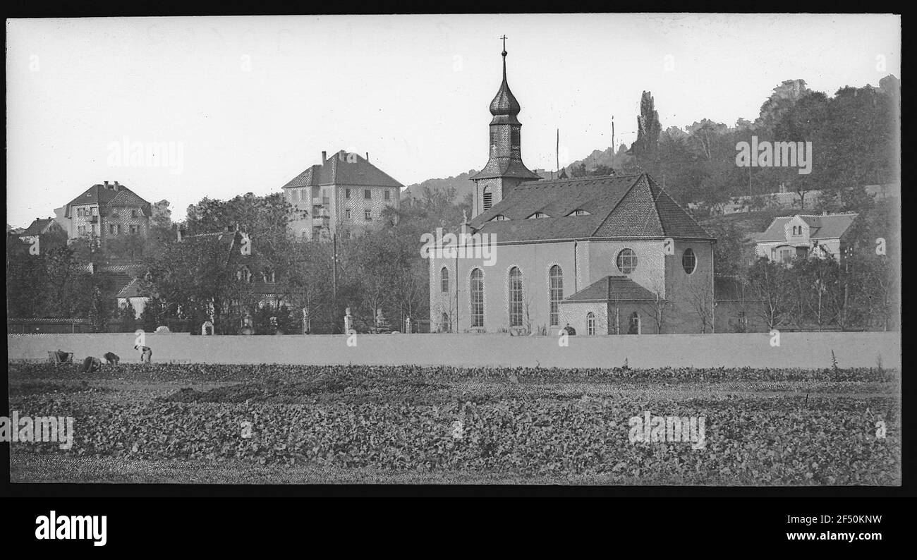 Calmar. École, église, place du village Banque D'Images