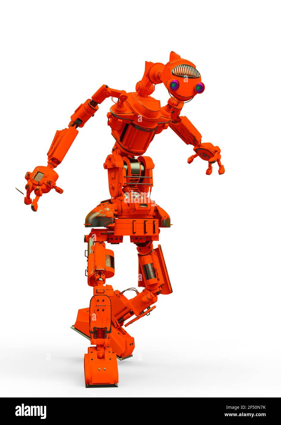 un robot convivial marche sur fond blanc, illustration 3d Banque D'Images