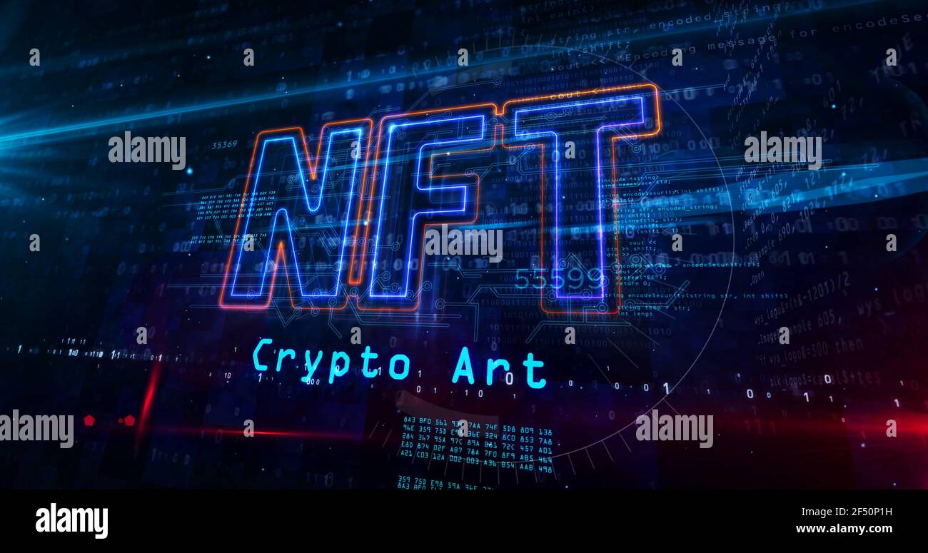 Panneau d'art cryptographique NFT, jeton non fongible d'objets de collection uniques, blockchain et symbole de concept de technologie de vente d'œuvres d'art numériques. Abstrait futuriste Banque D'Images