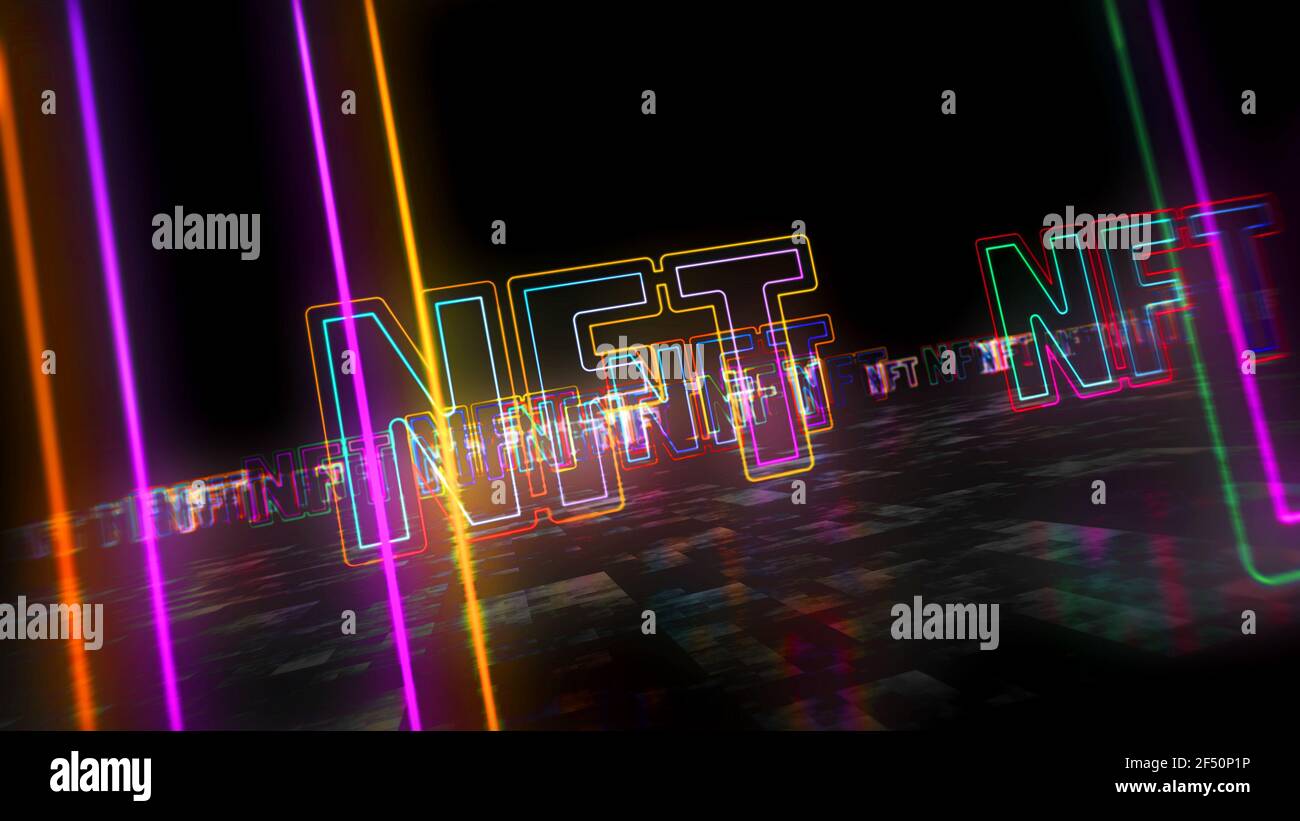 Panneau d'art cryptographique NFT, jeton non fongible d'objets de collection uniques, blockchain et symbole de concept de technologie de vente d'œuvres d'art numériques. Abstrait futuriste Banque D'Images