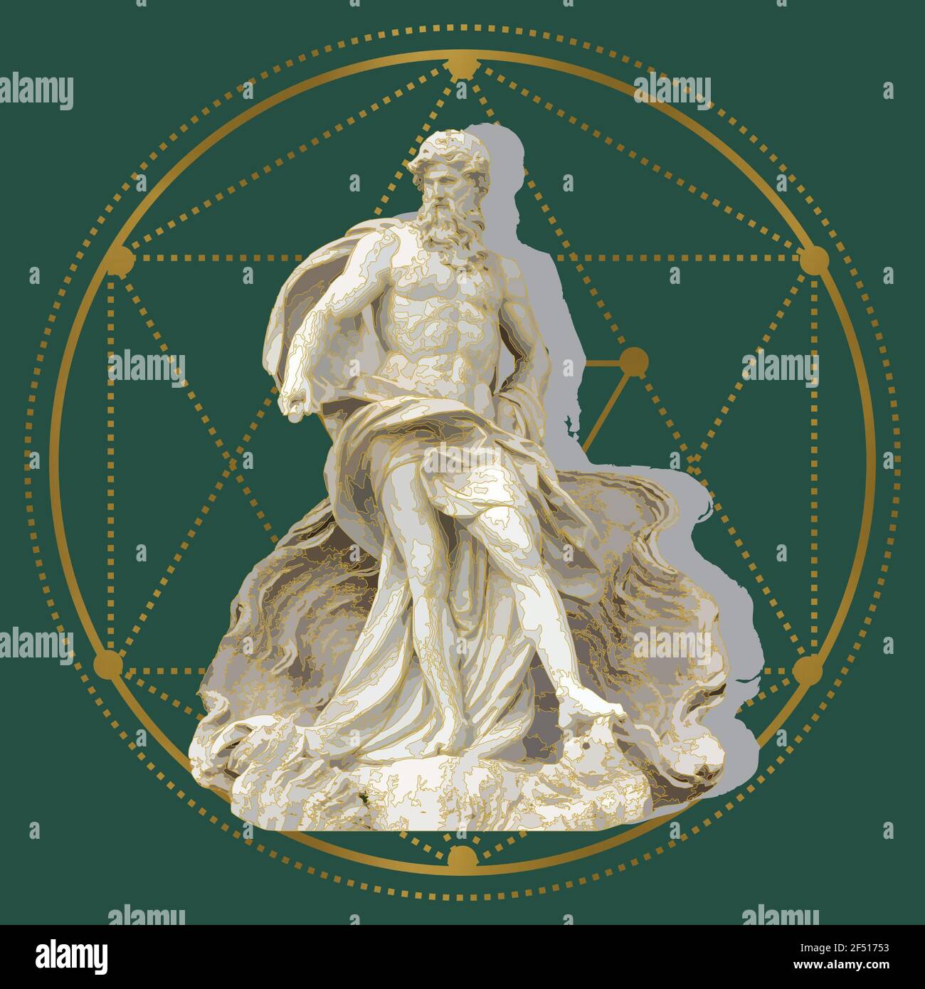 Rendu 3D de la statue de Zeus contre un vert arrière-plan avec des formes géométriques dessus Banque D'Images