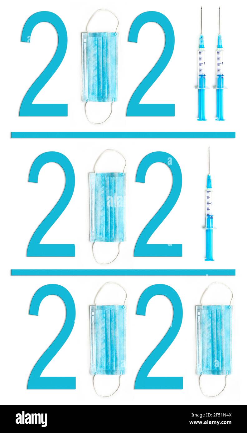 2020, 2021 et 2022 ans de vaccination de masse et de revaccination de la population mondiale, le concept de la victoire sur le coronavirus dans la nouvelle année Banque D'Images