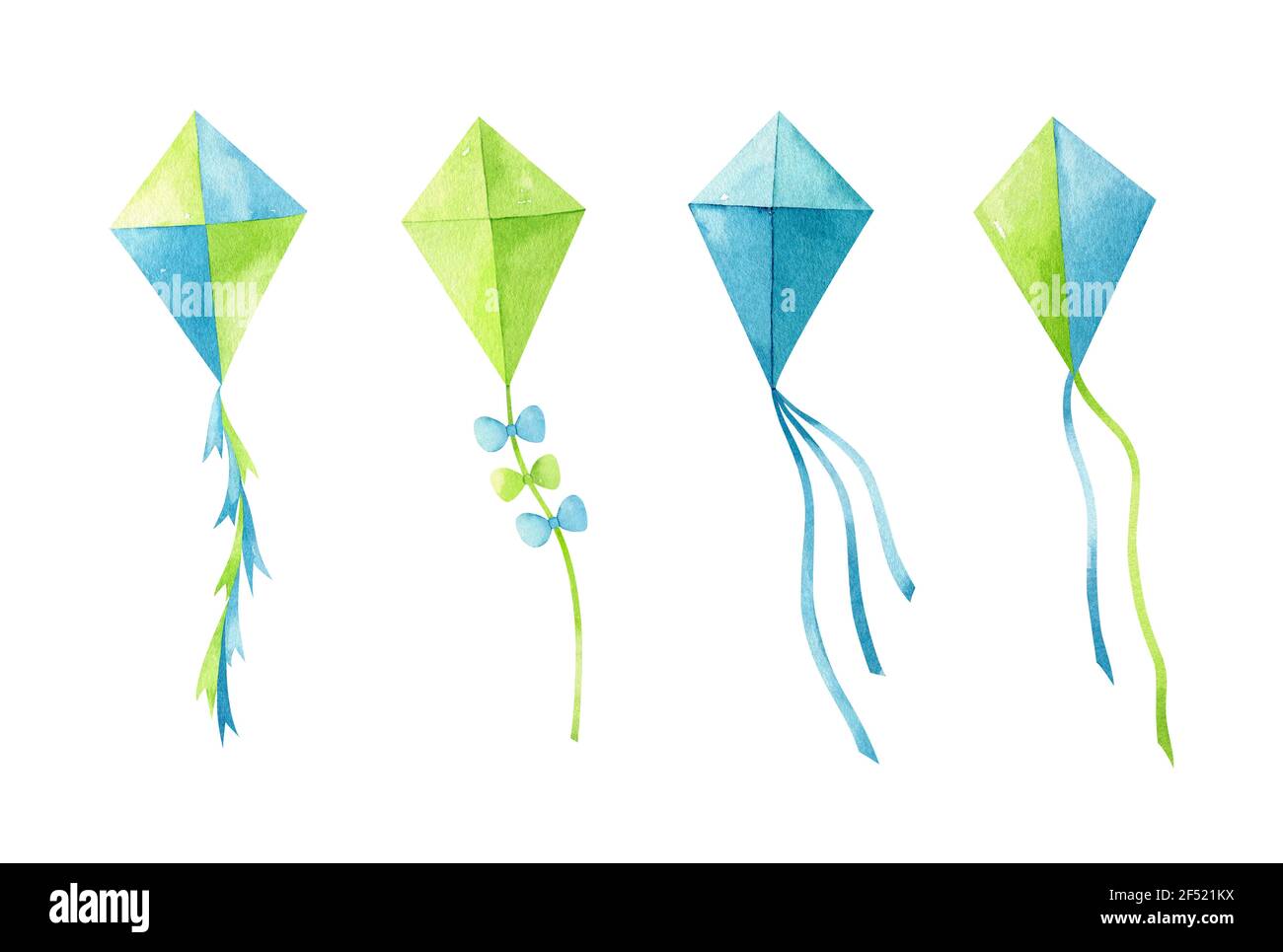 Ensemble aquarelle de cerfs-volants avec divers motifs dans les couleurs vert et bleu. Illustration dessinée à la main isolée sur fond blanc. Banque D'Images Ensemble aquarelle de cerfs-volants avec divers motifs dans les couleurs vert et bleu. Illustration dessinée à la main isolée sur fond blanc. Banque D'Images