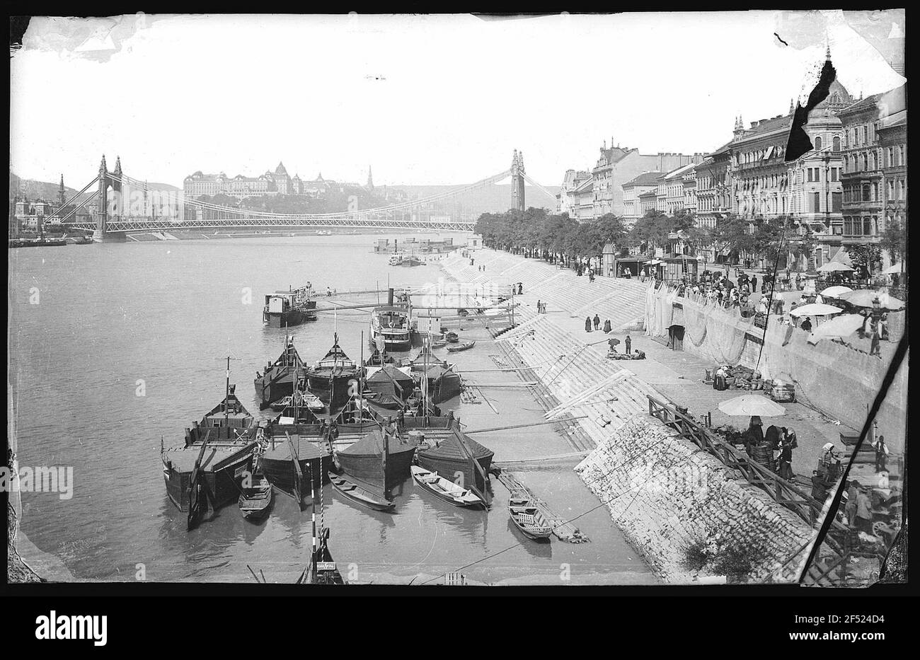 Budapest. Vue sur le Danube avec des bateaux de cartoon contre Elisabethbrücke et le château Banque D'Images