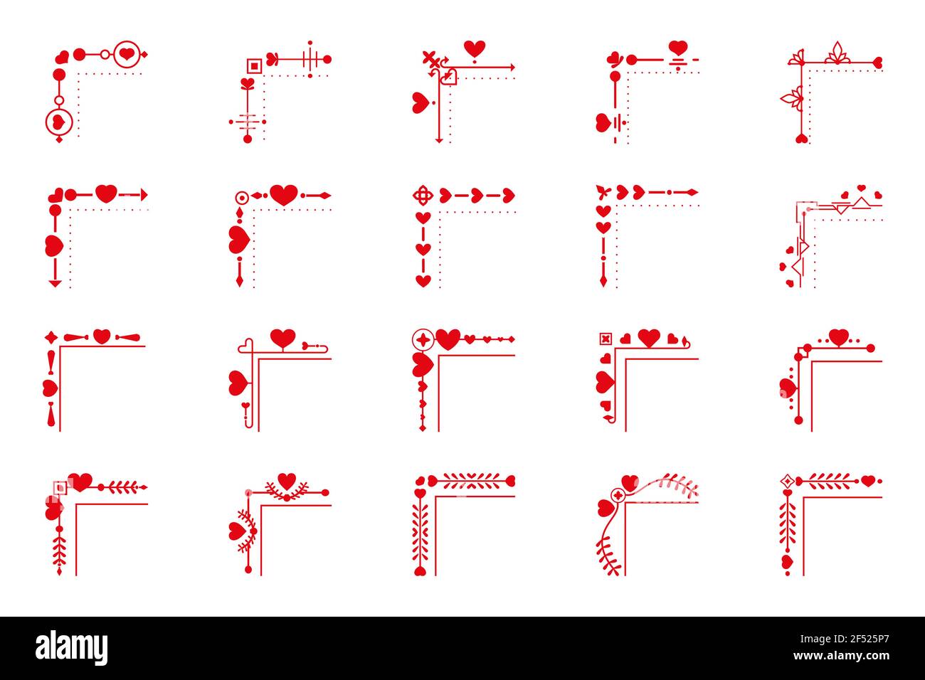 Coin rouge avec cœur, icône de bordure de ligne définie. Élément décoratif graphique pour la page de livre de conception, la coupure de texte, invitation de mariage, certificat décor élégant pour la Saint-Valentin. Illustration vectorielle isolée Illustration de Vecteur