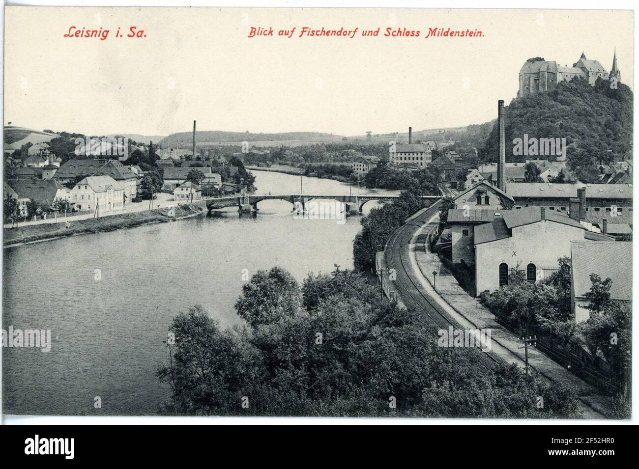 Village de poissons, château de Mildenstein et Muldenbrück Leisnig. Village de poissons, château de Mildenstein et Muldenbrück Banque D'Images