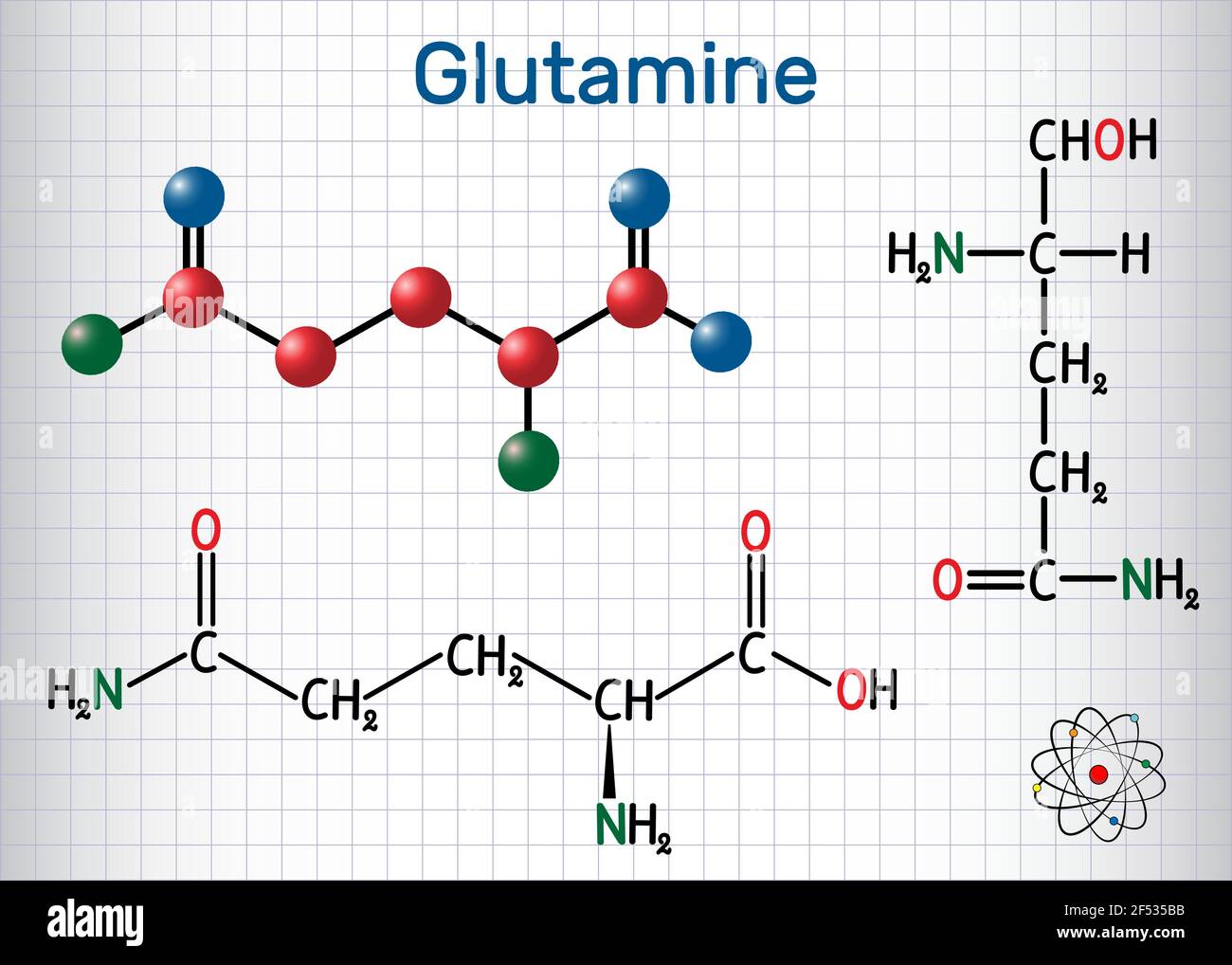 Molécule d'acide aminé glutamine (Gln , Q). Formule chimique structurelle et modèle moléculaire. Feuille de papier dans une cage.Illustration vectorielle Illustration de Vecteur