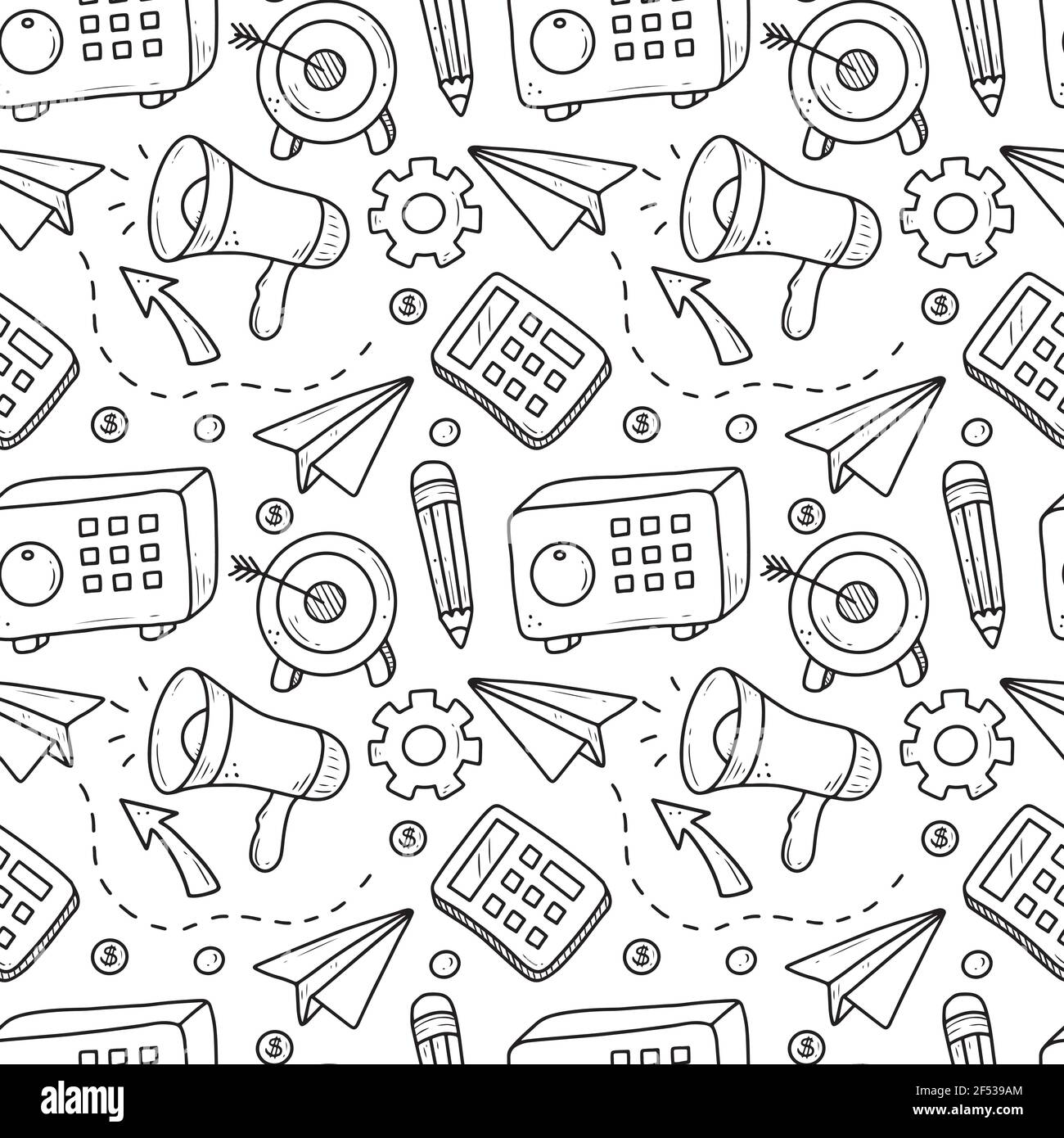 Dessin à la main des éléments commerciaux et financiers, de l'argent, de la calculatrice, de la pièce. Style d'esquisse Doodle. Élément métier dessiné par un stylo numérique. Illustration vectorielle pour le papier peint, l'arrière-plan, la conception textile. Illustration de Vecteur