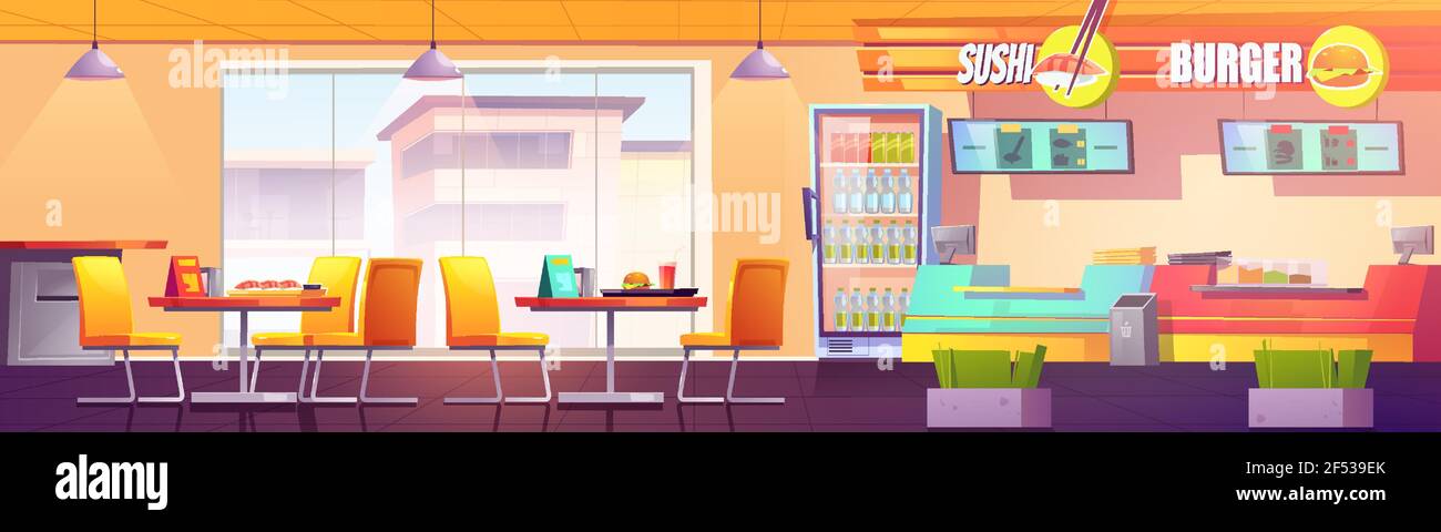 Café de l'aire de restauration avec bar à sushis et coin hamburgers Illustration de Vecteur