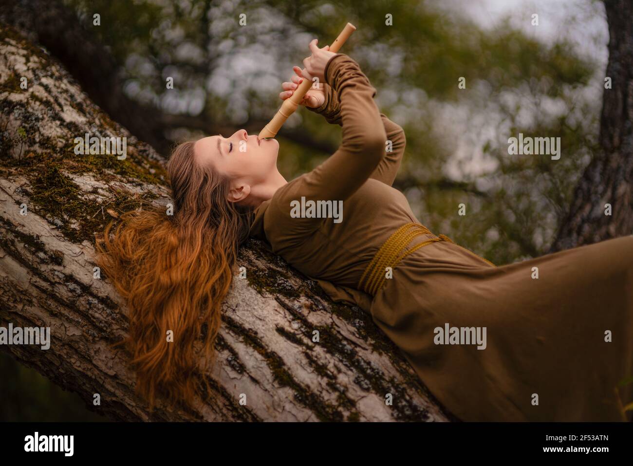 REDHEAD femme en robe marchant dans la forêt de conte de fées fantaisie Banque D'Images