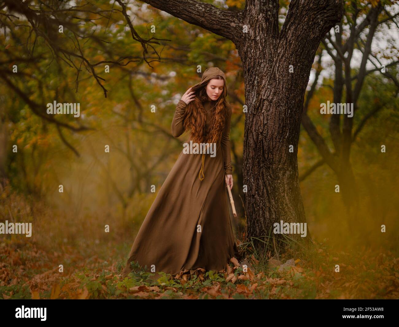 REDHEAD femme en robe marchant dans la forêt de conte de fées fantaisie Banque D'Images