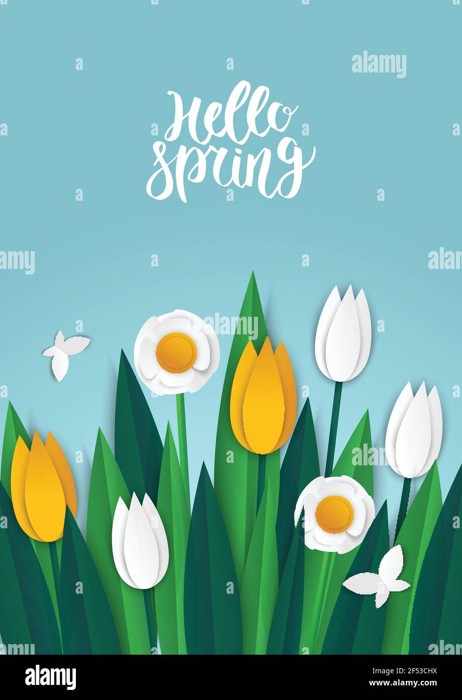 Banderole de solde de printemps avec papier et tulipes et jonquilles. Bannière parfaite pour les promotions, les magazines, la publicité, les sites Web. Illustration vectorielle. Illustration de Vecteur