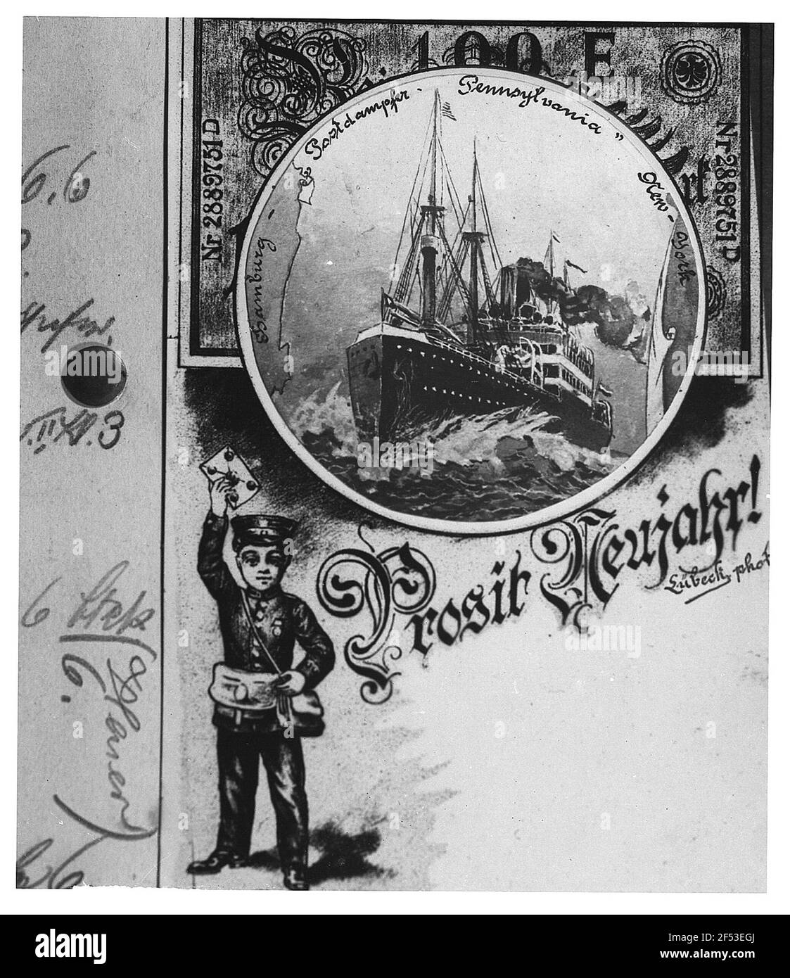 L'accueil du nouvel an dans une brochure avec une illustration de Le reporter 'Pennsylvania' et la route Hambourg - New York Banque D'Images