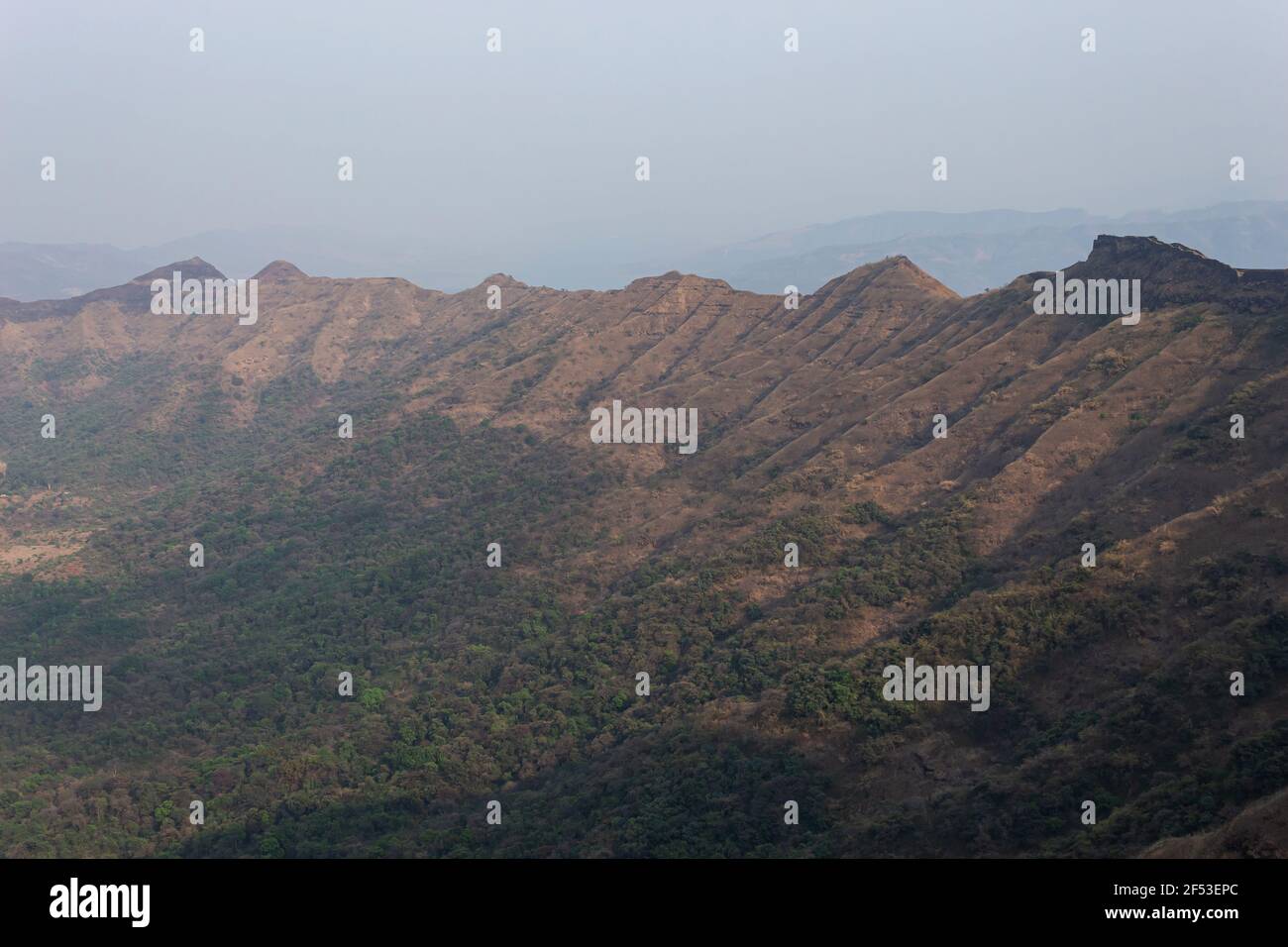 Suvela Machi une longue bande de murs fortifiés et vue sur la colline du fort Rajgad, Pune, Maharashtra, Inde. Banque D'Images