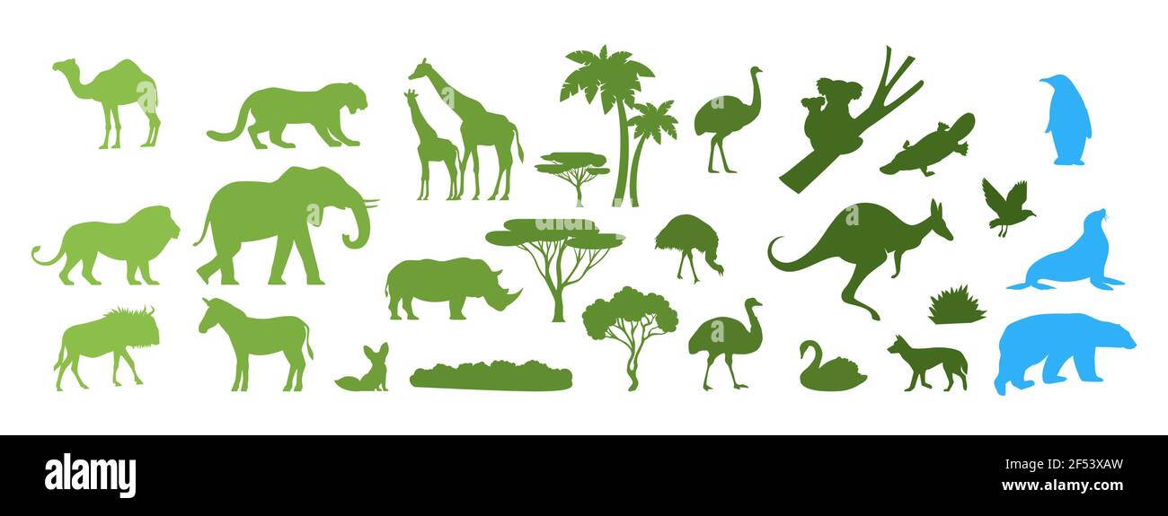 Silhouettes d'animaux sauvages d'Afrique, d'Australie et de l'Arctique, illustration vectorielle de la coupe de papier. Sauvez les animaux, découvrez la faune. Zoo Illustration de Vecteur