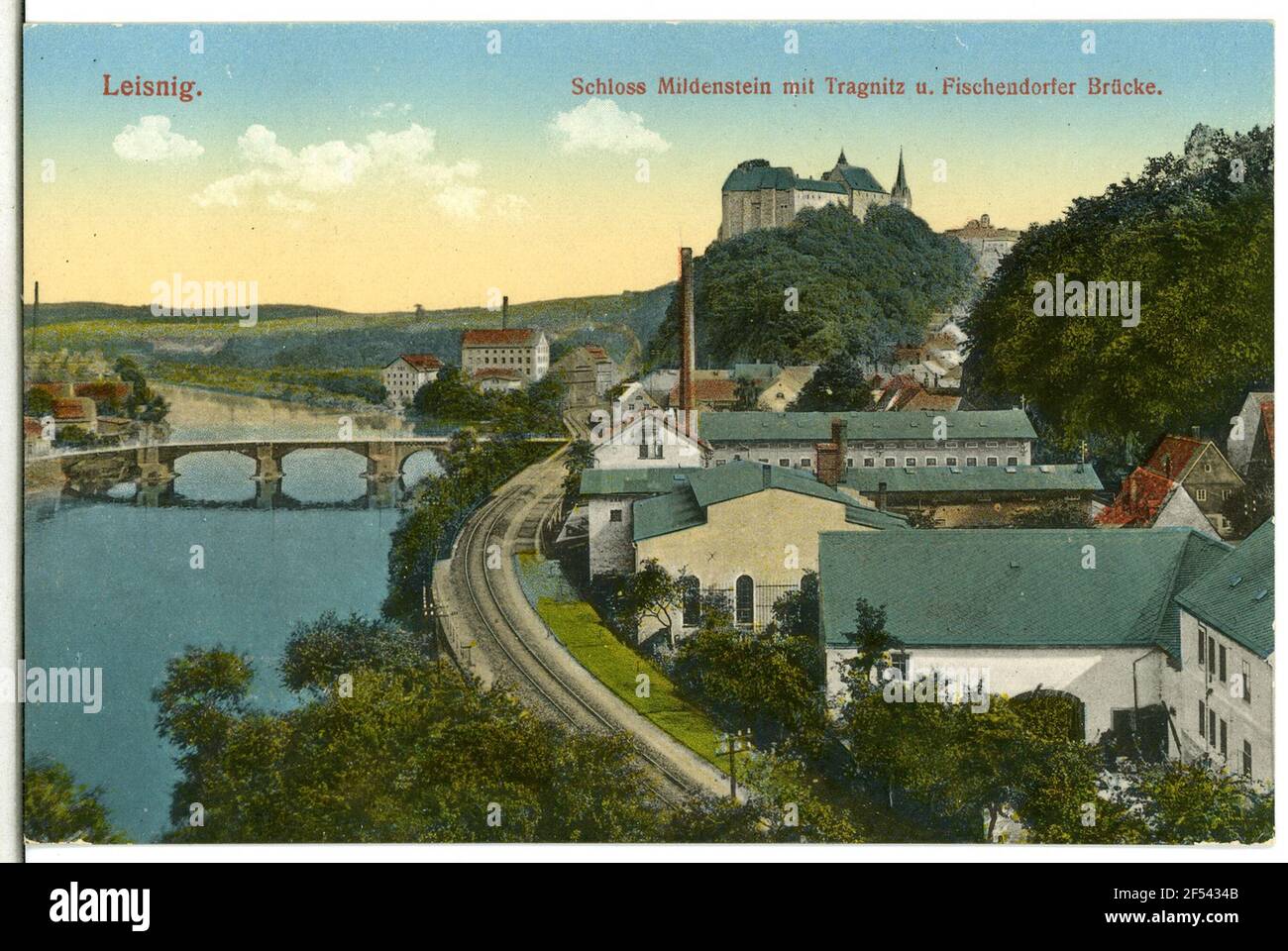Fermeture de Mildenstein, Tragnitz et du pont Fishendorfer Leisnig. Château de Mildenstein, Tragnitz et pont Fishendorfer Banque D'Images