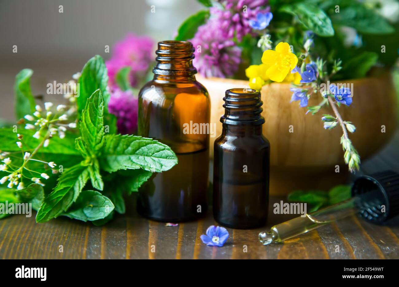 Bouteilles d'huile essentielle avec plantes médicinales et fleurs,  aromathérapie, phytothérapie, bien-être et spa huile essentielle extraits  naturels Photo Stock - Alamy