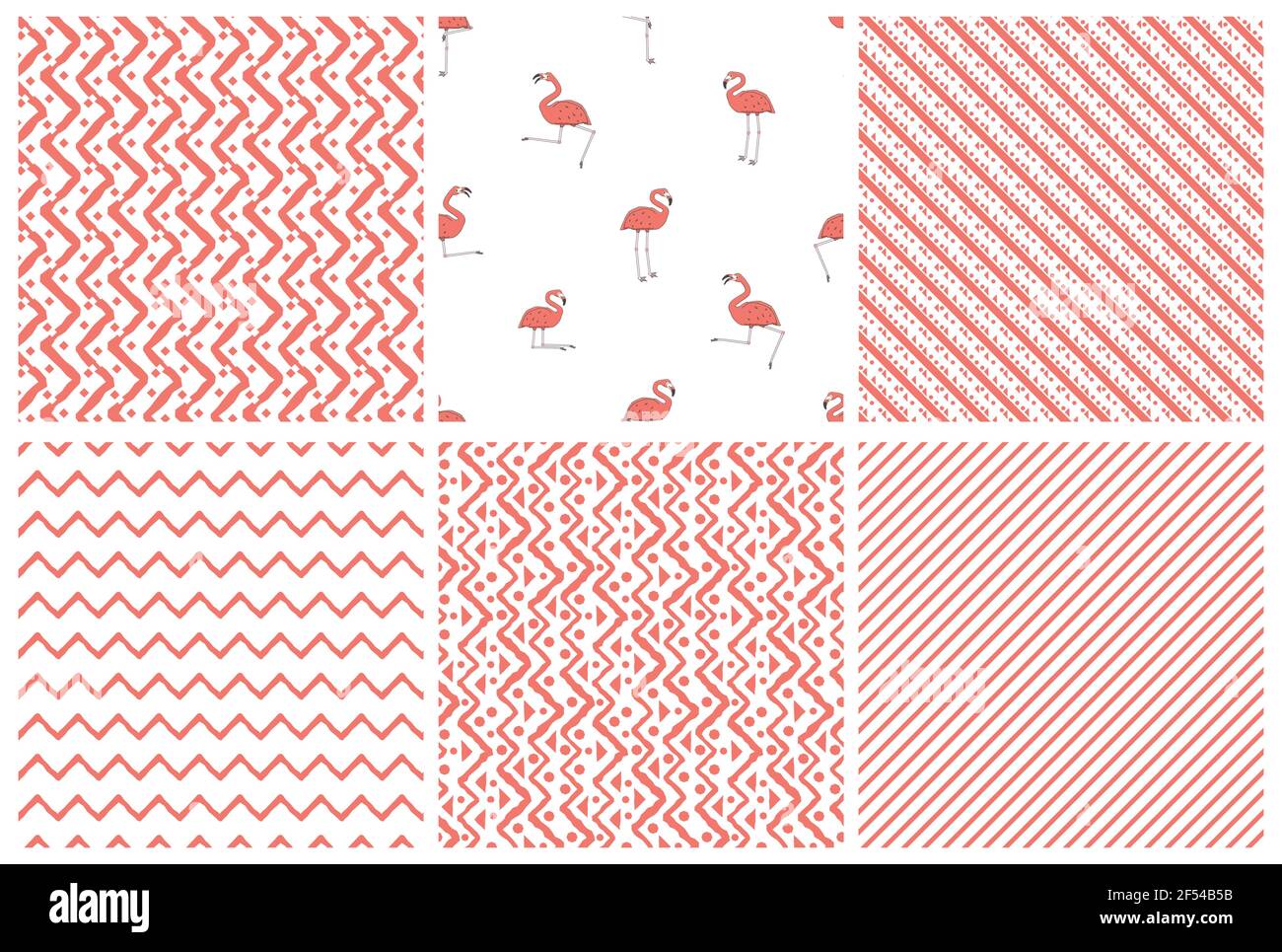 Ensemble de six motifs de répétition sans couture Vector de dessin animé rose flamants sont actifs, danse, repos, détente, rêve, marcher. Cinq illustrations abstraites Illustration de Vecteur