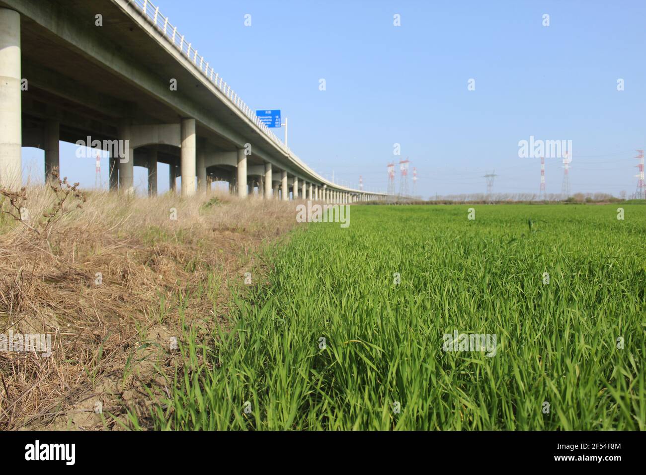 Paysage de prairie verte avec pont et haute tension électrique lignes électriques Banque D'Images