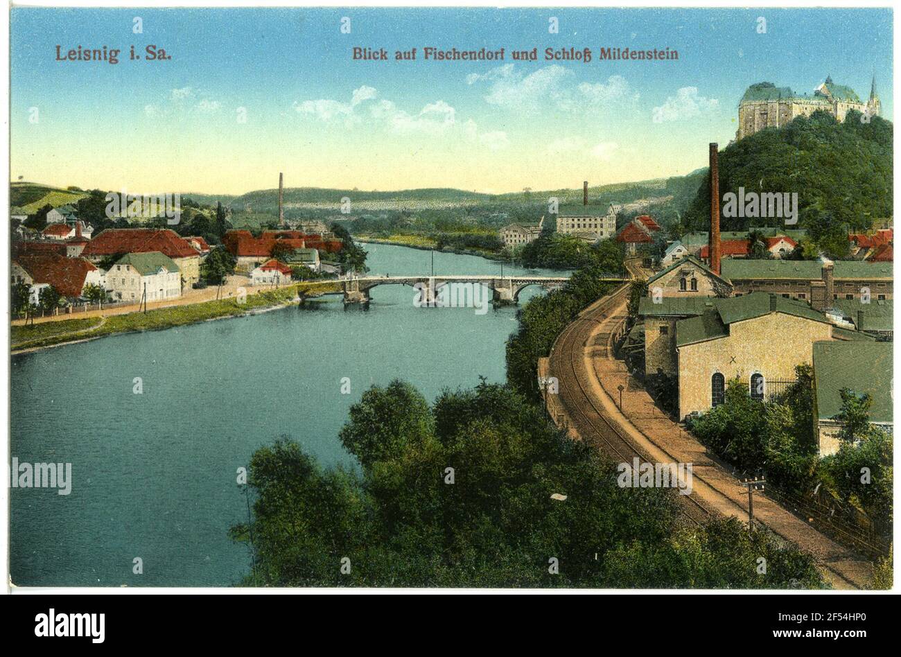 Village de poissons, fermé Mildenstein et Dolle Bridge Leisnig. Village de poissons, château de Mildenstein et pont de traversée Banque D'Images