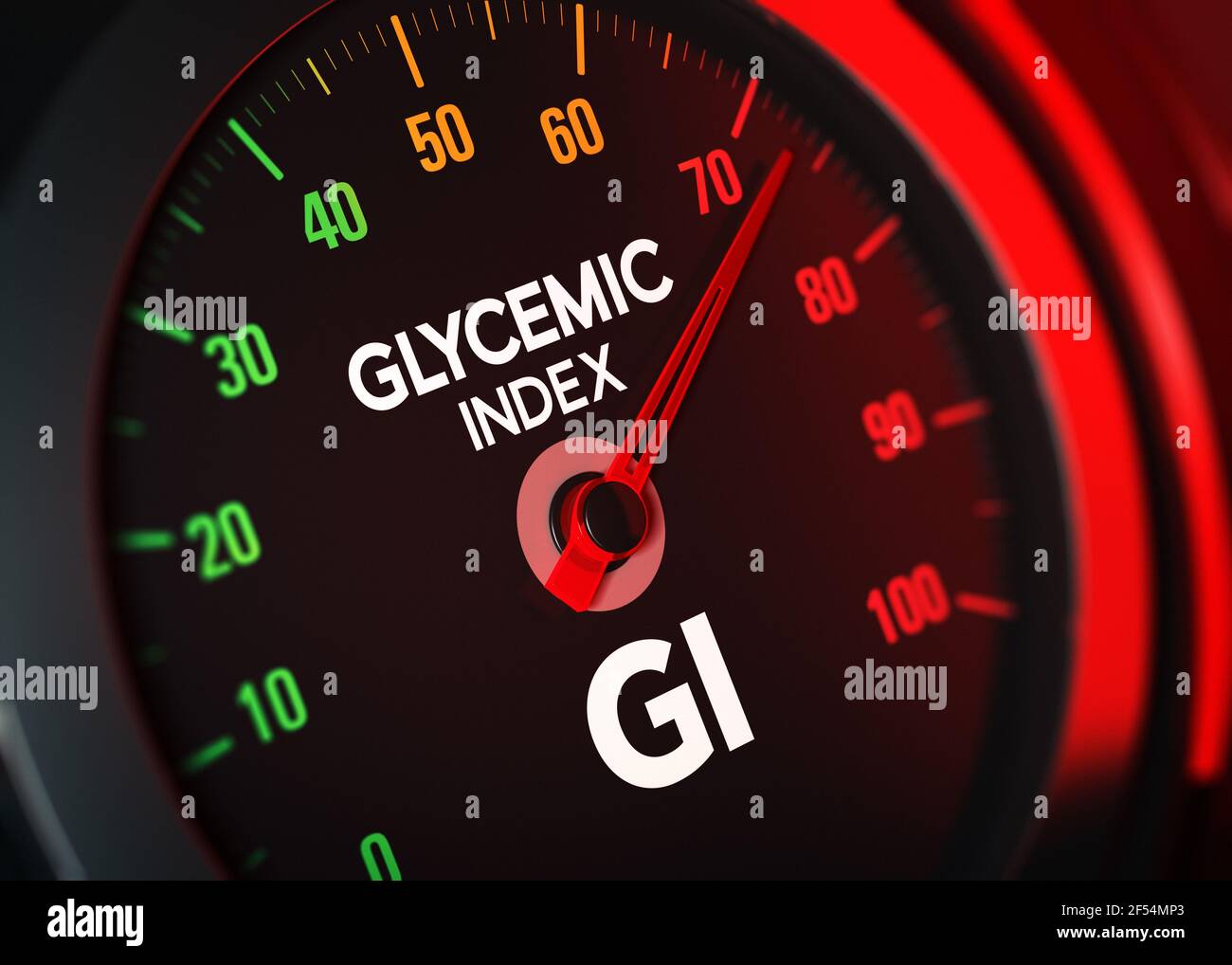 Illustration 3D d'un compteur GI conceptuel qui mesure l'indice glycémique sur une échelle de 0 à 100. Banque D'Images