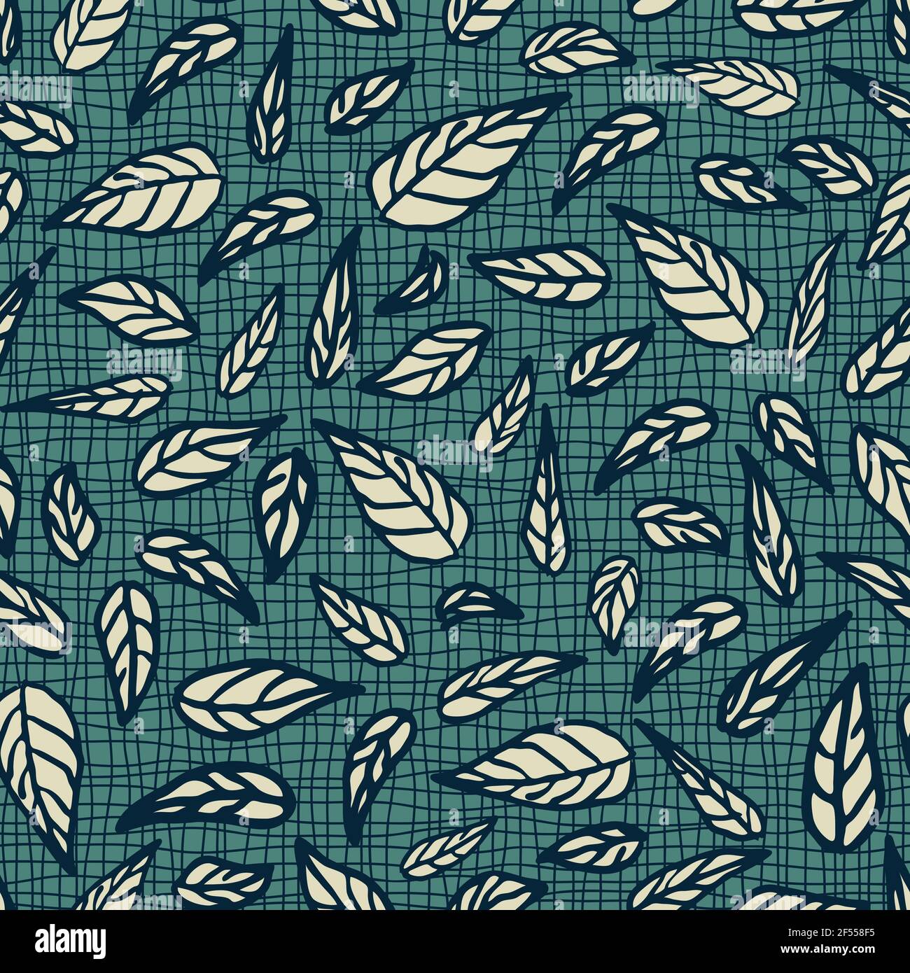Motif vectoriel sans couture avec feuilles sur fond bleu texturé. Papier peint végétal simple sur le sarcelle. Textile de mode décoratif. Illustration de Vecteur